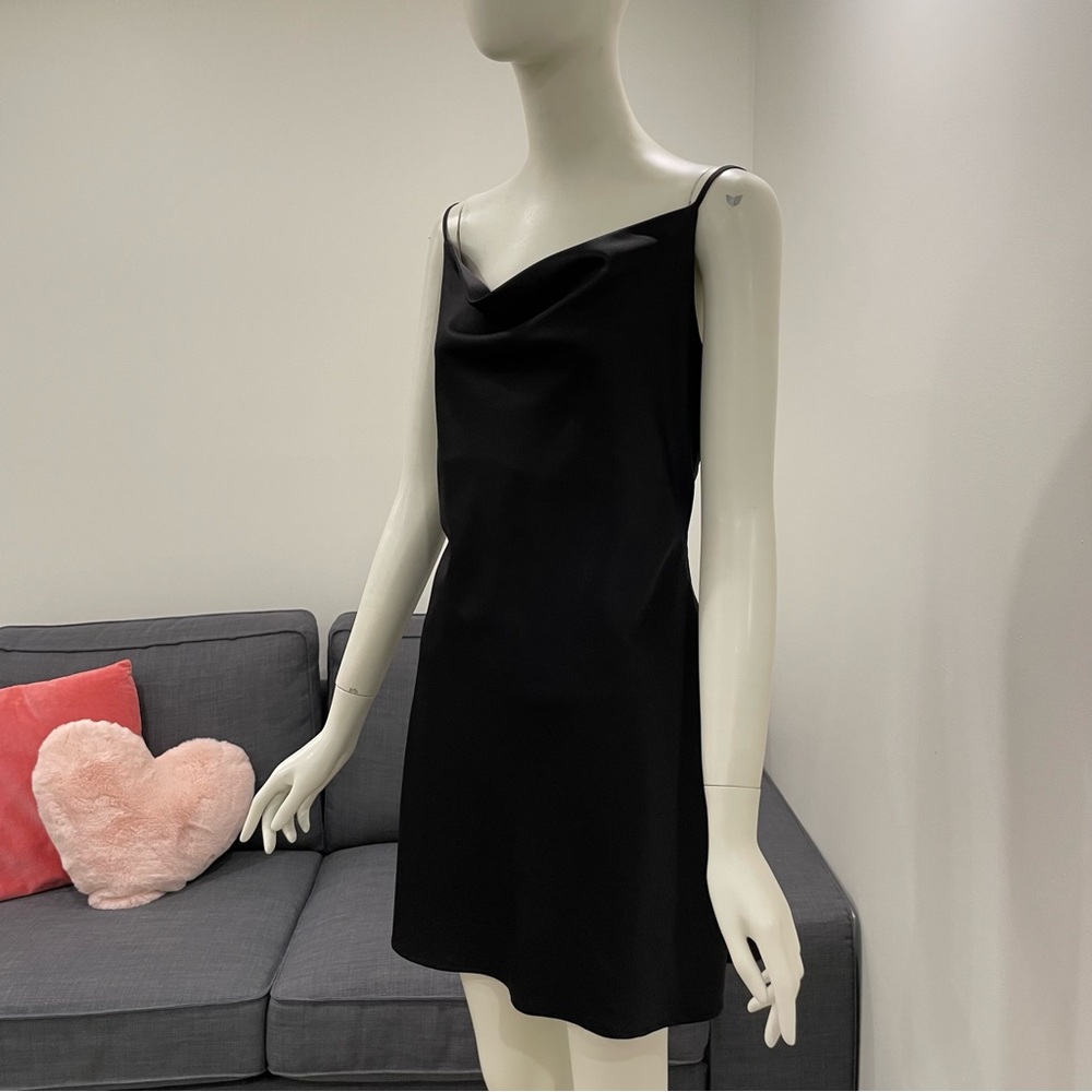 GARAGE Black Slip Dress with Lace-Up Back Detail and Draped Neckline Size Medium